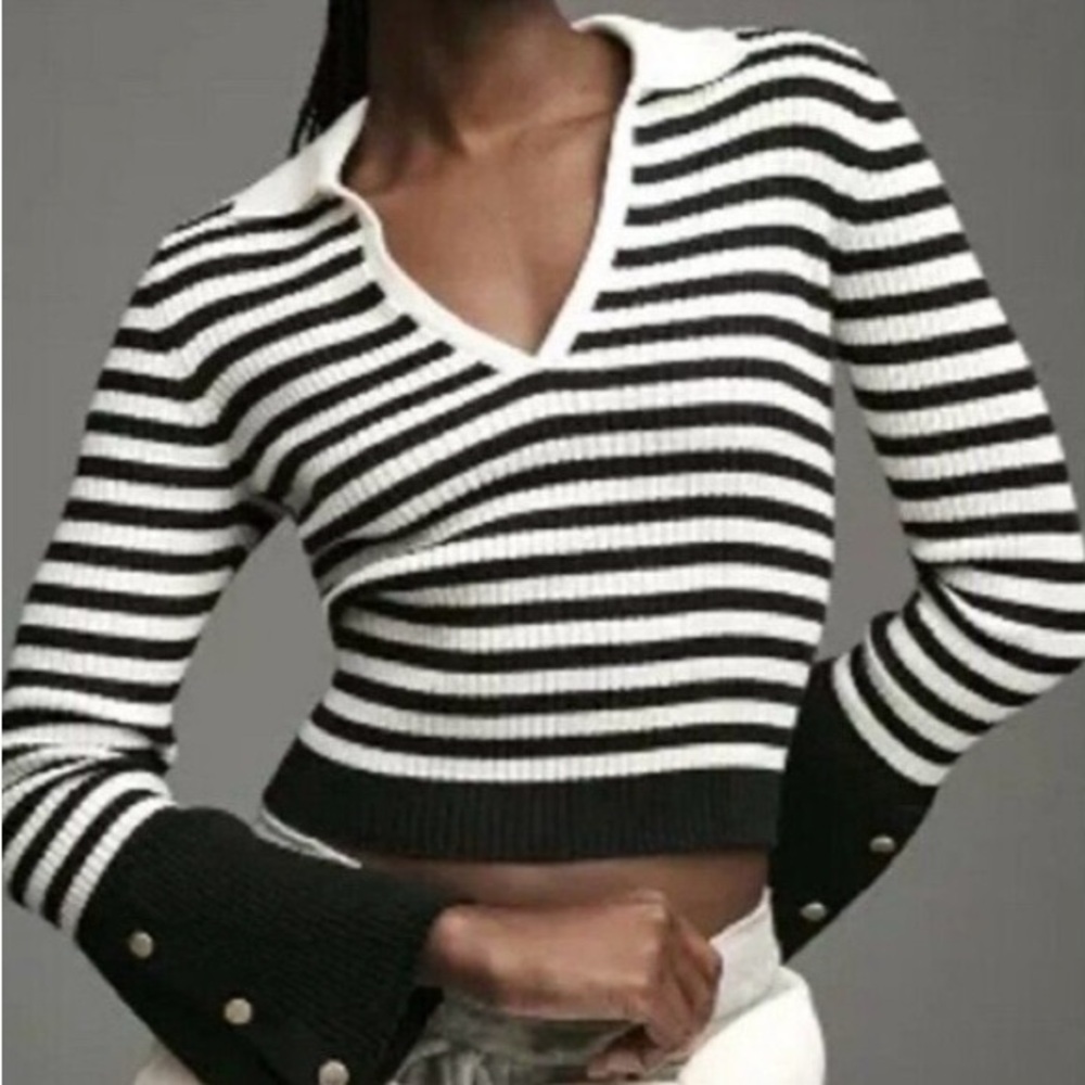 Maeve Black and White Striped V-Neck Ribbed Sweater